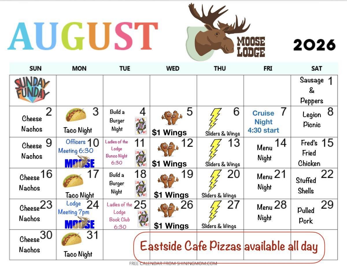 August 2026 Yorkville Moose Lodge calendar