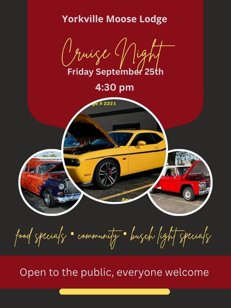 Cruise Night — Friday, September 25th, 4:30 PM. Open to the public.